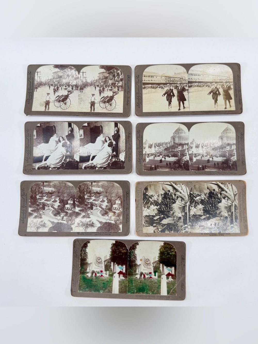 Lot Of 7 Antique 1900s Stereoview Stereographs Cards, Worlds Fair, Street Garden